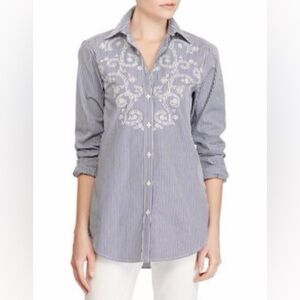 Ralph Lauren Button Down Shirt Womens 1X Blue White Stripe Eyelet Embroidery